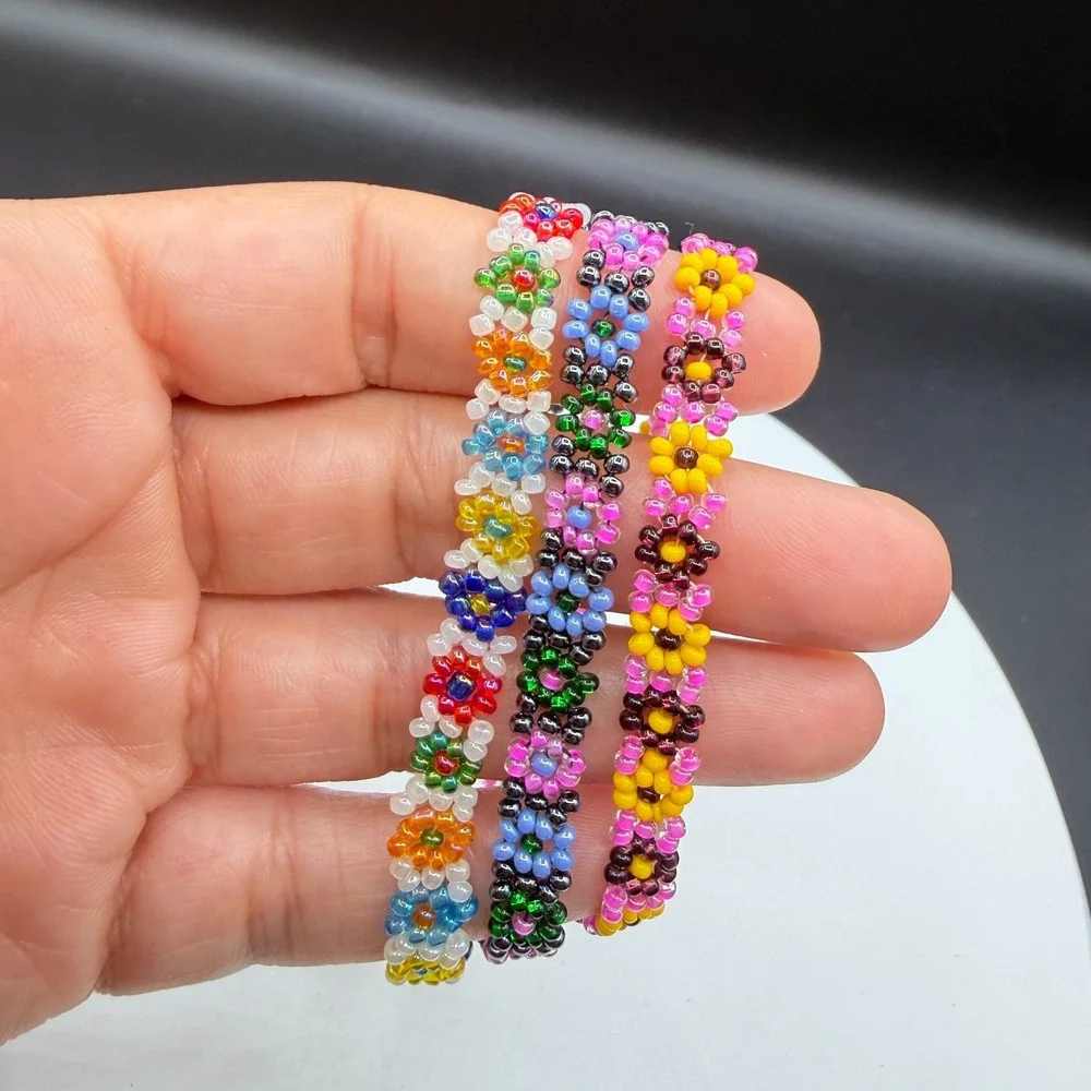 3Pc Colorful Handmade Seed Bead Floral Bracelets Daisy Friendship Jewelry Set